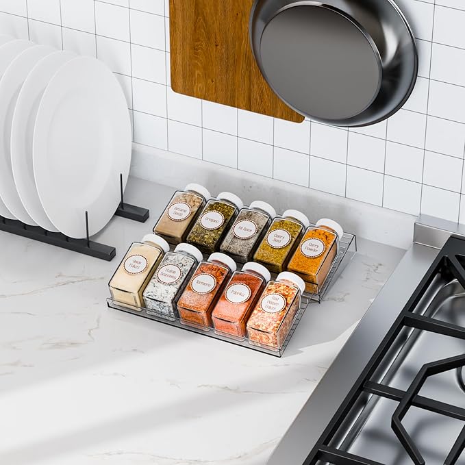 Yieach 8 Pack Adjustable Narrow In Drawer Spice Organizer - Expandable From 9'' to 17.7'' - Acrylic Drawer Seasoning Organizer,Clear Spice Drawer Insert Tray for Drawers Condiment,Jar Organization