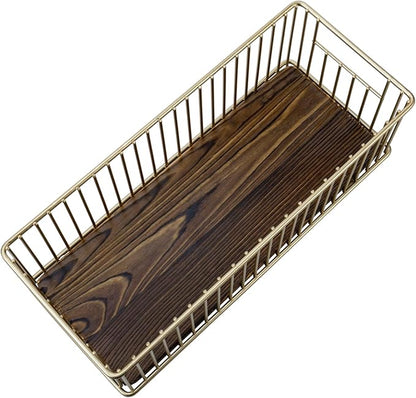 MyGift Modern Brass-Tone Metal Wire Toilet Paper Holder Basket with Rustic Burnt Solid Wood Base, Toilet Tank Topper Organizer Tray Bathroom Sink Counter Toiletries Storage