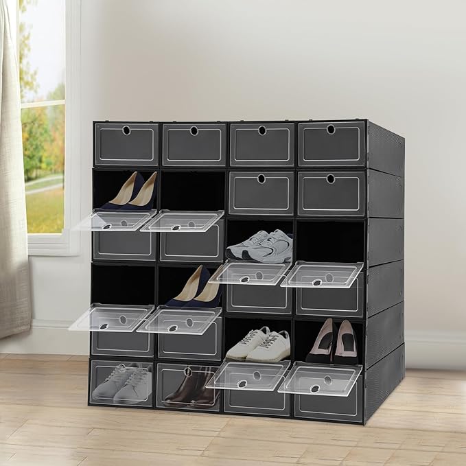 24 Pack Shoe Boxes, Plastic Shoe Organizer Foldable Shoes Storage Box Stackable Shoes Storage Organizer Transparent Organize Shelves with Lid for Storing Sneakers Flats Slippers
