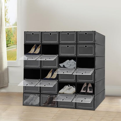 24 Pack Shoe Boxes, Plastic Shoe Organizer Foldable Shoes Storage Box Stackable Shoes Storage Organizer Transparent Organize Shelves with Lid for Storing Sneakers Flats Slippers