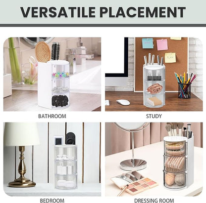 2 Pack Hair Accessories Organizer with Hair Brush Holder, 3-Tier Clear Rotatable Drawer Makeup Sponge Holder, Bathroom Qtip Cotton Swab/Pad/Ball Dispenser Jewelry Box (White)