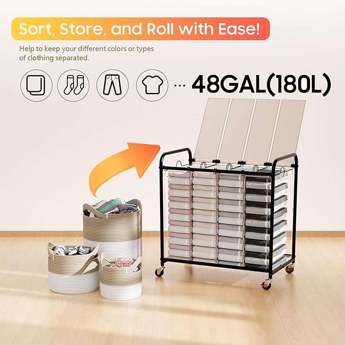 Laundry Sorter 4 Sections 48 Gal, Rolling Laundry Basket with Lockable Wheels and Lid, Laundry Hamper with 4 Separated Removable Bags Dirty Clothes Hamper for Laundry Room Organizer, White