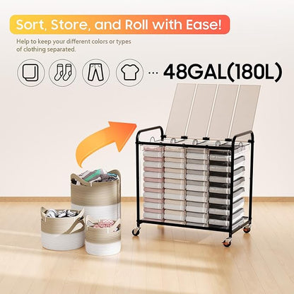 Laundry Sorter 4 Sections 48 Gal, Rolling Laundry Basket with Lockable Wheels and Lid, Laundry Hamper with 4 Separated Removable Bags Dirty Clothes Hamper for Laundry Room Organizer, White