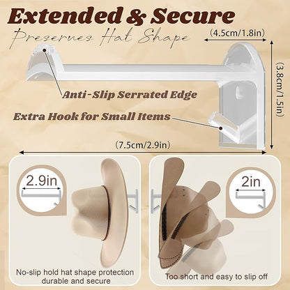 2.9Inch Hat Hooks for Wall - (8 Pack) Cowboy Hat Rack,SuitableSun Hats, Fedora, Wide Brim Hats Strong Hold Hat Hangers for Wall，Western Room Decor- (Clear)