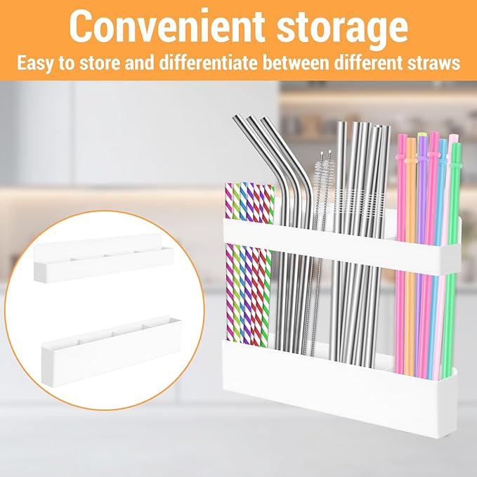 Carbon Steel Straw Holder for Cabinet – Heavy Duty Cabinet Straw Holder Organizer with Magnetic & Adhesive Mount, Organizer for Cabinet Door or Wall