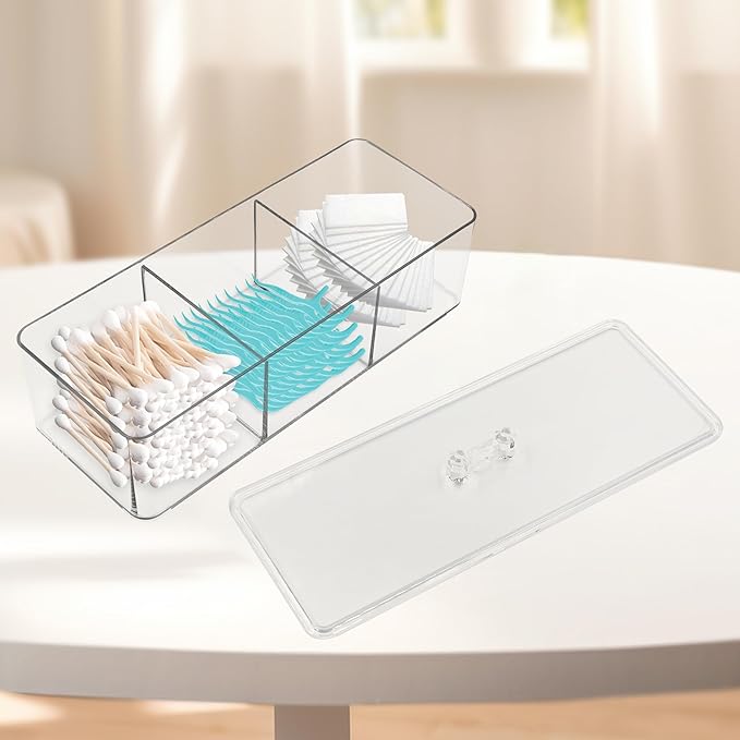 Square Qtip Holder, 3 Compartments Cotton Ball Holder, Box with Lid in Bathroom, Qtip Dispenser Containers for Cotton Swabs & Ball, Make Up Pads (Transparent)