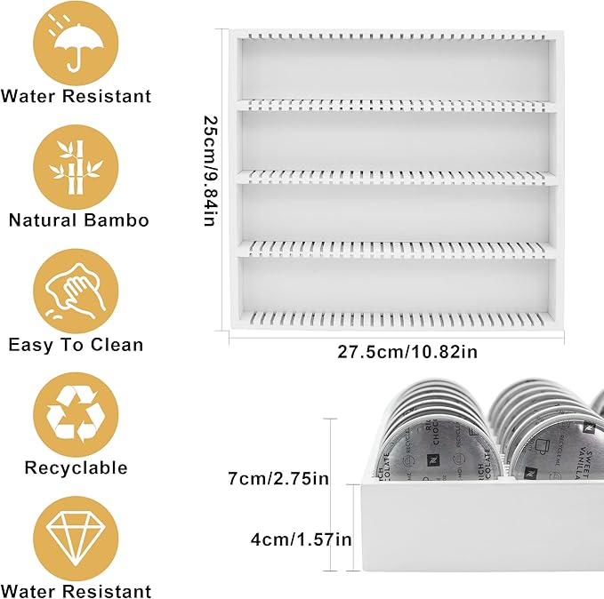 MinBoo Bamboo Coffee Capsule Storage Drawer Tray, Bamboo Drawer Insert Organizer Holds Coffee Pods, Compatible with Vertuoline Capsules, Suitable for Kitchen, Home, Office,White