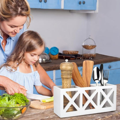 Wooden Cutlery Silverware Holder Flatware Utensil Caddy Wood Silverware Organizer Storage for Countertop Fork Spoon Knives Organizer Small Kitchen Utensil Holder Party White Table Cutlery Caddy