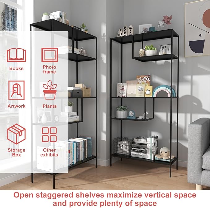 Garage Storage Shelves Essentials Industrial Bookcase with Metal Frame 4 Tier Shelf 70.8 inch Tall Household Geometric and Open Shelves for Home Office Kitchen Living Room