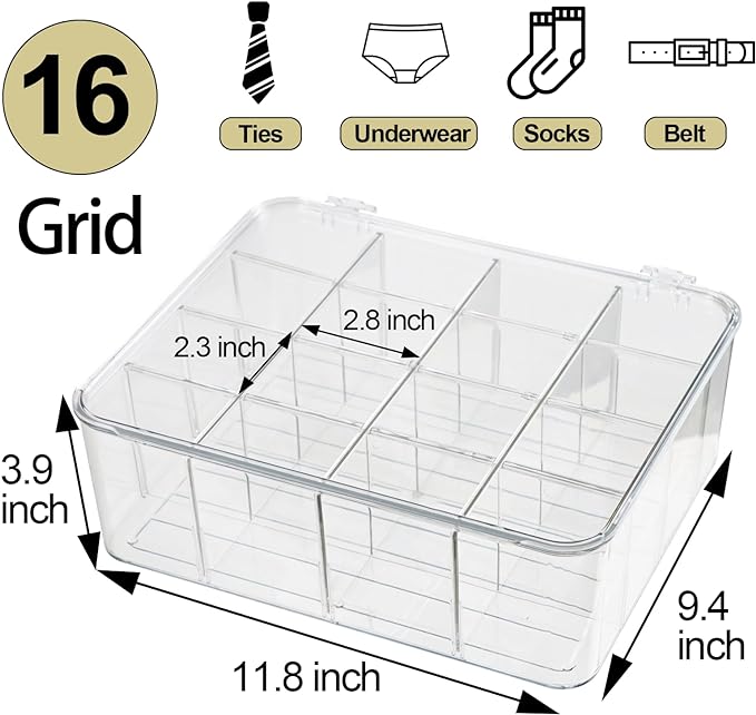 ZEXALOR Socks Underwear Drawer Organzier Dividers, 16 Compartment Removable Divided Plastic Storage Bin with Lid, Storage Organizer for Scarves Ties Bras, Clear Dresser Drawer Organizers