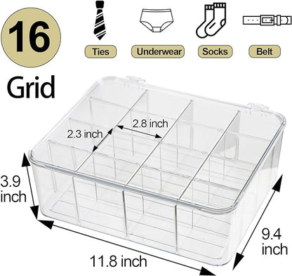 ZEXALOR Socks Underwear Drawer Organzier Dividers, 16 Compartment Removable Divided Plastic Storage Bin with Lid, Storage Organizer for Scarves Ties Bras, Clear Dresser Drawer Organizers
