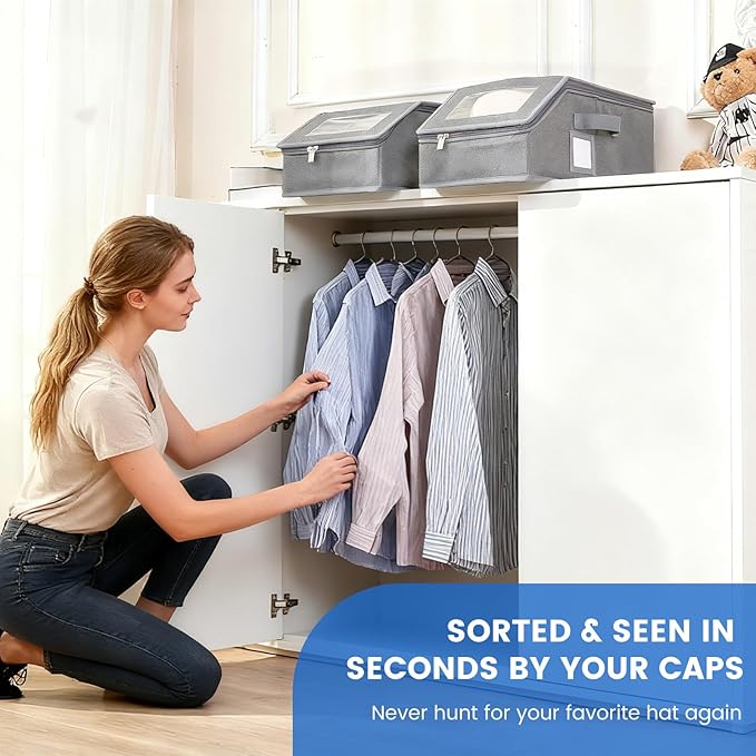 2 Pack Hat Storage for Baseball Caps, Hat Box with Clear View Window, Hat Organizer for Baseball Caps Holds 30 Caps with Cardboard for Men & Women, Ball Cap Organizer for Closet & Shelf (Light Gray)