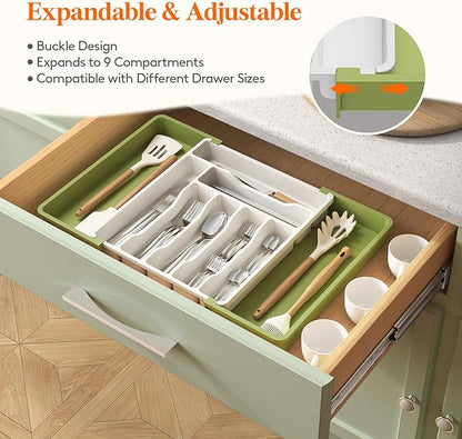 Lifewit Utensil Organizer for Kitchen Drawer, Expandable Cooking Silverware Tray, Adjustable Cutlery Flatware Holder, Plastic Spatula Tools Storage Divider, 13-22.4 x 15", Green&White