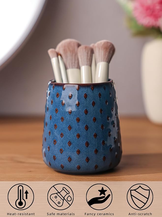 Ceramic Makeup Brush Holders, Farmhouse Bathroom Vanity and Countertop, Brushes Cup for Bathroom Cosmetics, Lipsticks, Vanity Desktop Storage (Vintage Blue)