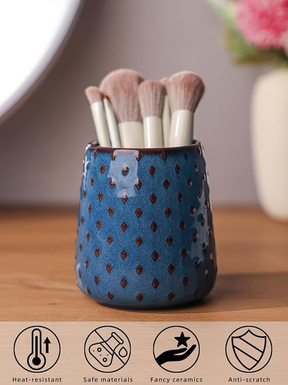 Ceramic Makeup Brush Holders, Farmhouse Bathroom Vanity and Countertop, Brushes Cup for Bathroom Cosmetics, Lipsticks, Vanity Desktop Storage (Vintage Blue)