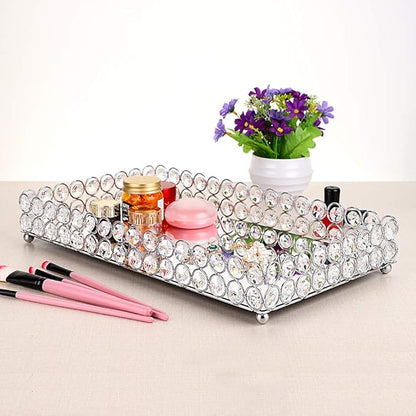 Hipiwe Crystal Cosmetic Vanity Tray, Mirrored Decorative Jewelry Organizer Tray for Perfume, Trinket, Makeup Display Dresser Home Decor (Large, Silver)