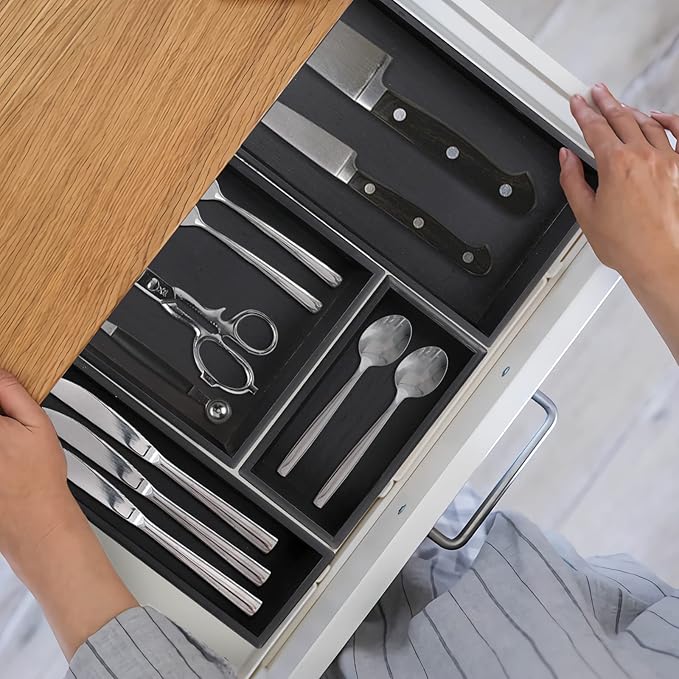 PRATIQUE Bamboo Drawer Organizer - Kitchen Utensil Organizer Silverware Tray Cutlery Holder，Office Desk Supplies and Accessories,15 * 5.9 * 2.6,Black