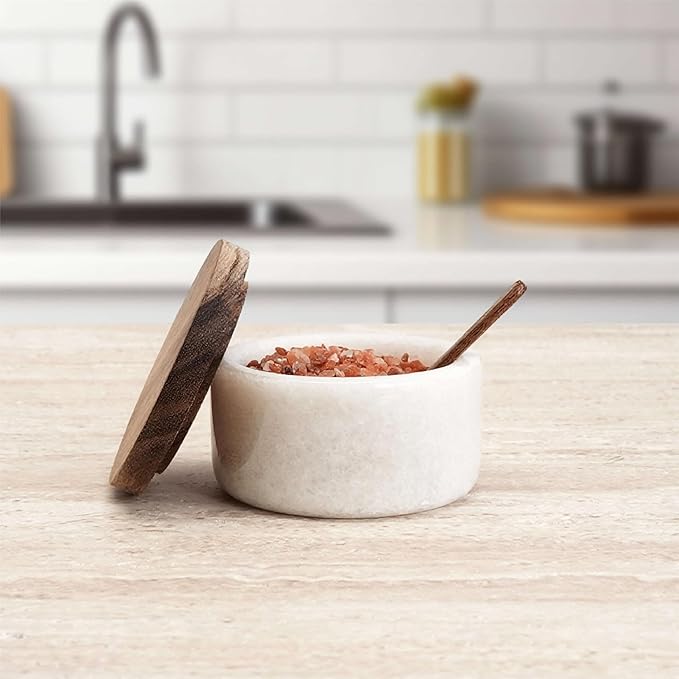 Marble Salt Cellar with Acacia Wood Lid and Spoon – 4-inch Salt Box with Spoon Slot, Kitchen Spice Container for Salt, Sugar, or Spices (White)