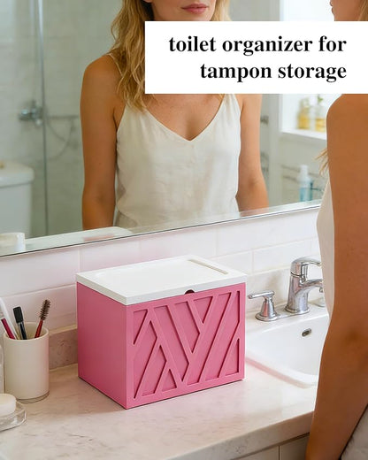 Tampon Holder for Bathroom Decor Feminine Product Organizer With Lid Shark Week Box Wooden Pad Girl Stuff Box (BLACK, lid) (1, PINK)