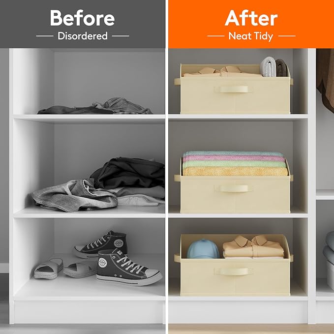 Lifewit Trapezoid Closet Storage Bins for Shelf, 6 Packs Non-woven Closet Organizer Baskets with Handles, Foldable Clothes Containers Boxes for Clothing, Book, Purse, 19L, Large, Beige