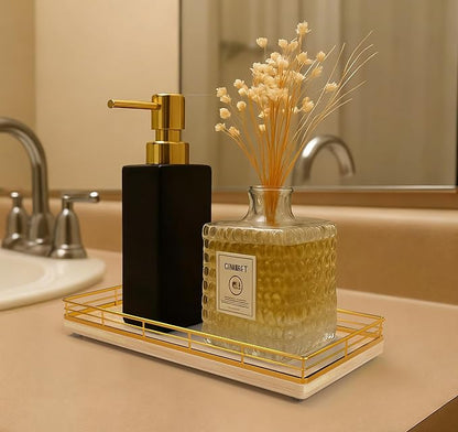 Bathroom Vanity Tray for Countertop, 12" x 6" Oak Wood Toilet Tank Tray with Metal Guardrail, Bathroom Organizer for Soap, Perfume & Skincare, Non-Slip Decorative Tray for Dresser, Gold & Natural Oak
