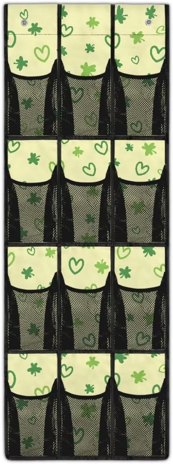 12-Compartment Behind The Door Hanging Organizer, Oxford Cloth Waterproof Large Capacity and Ideal for Storing Household Items, Green Heart and Lucky Leaf