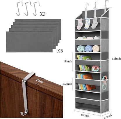 Over the Door Organizer with 5 Large Pockets and 10 Mesh Side Pockets, Hanging Organizer with Clear Windows 44 lbs Weight Capacity for Bedroom, Bathroom, Pantry, Nursery Dark Gray