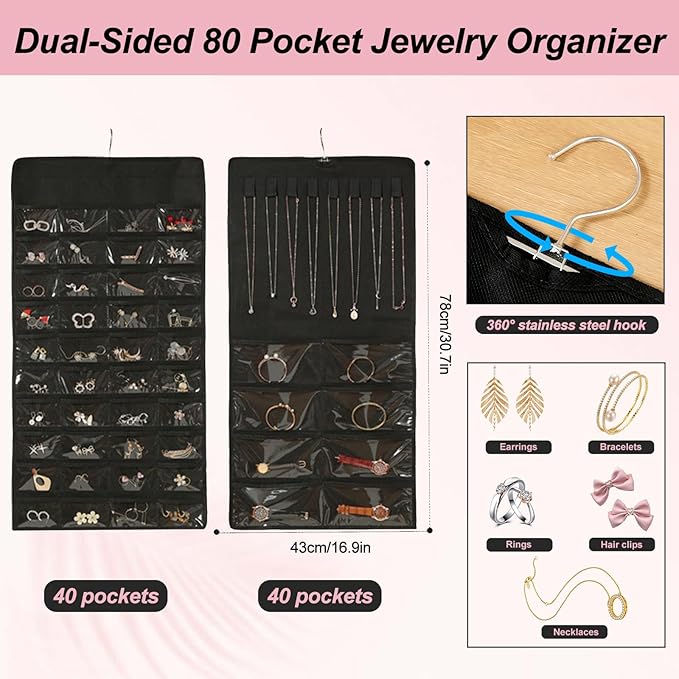 AZY 3PCS Headband Holder & Hair Accessory Organizer for Girls – 2 Hanging Headband Organizers for Headbands, Scrunchies & Hair Ties plus 80 Pocket Clear Jewelry Organizer for Bedroom, Dorm & Closet