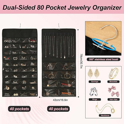AZY 3PCS Headband Holder & Hair Accessory Organizer for Girls – 2 Hanging Headband Organizers for Headbands, Scrunchies & Hair Ties plus 80 Pocket Clear Jewelry Organizer for Bedroom, Dorm & Closet