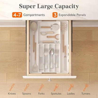 Lifewit Silverware Drawer Organizer, Expandable Utensil Tray for Kitchen, BPA Free Flatware and Cutlery Holder, Adjustable Plastic Storage for Spoons Forks Knives, 4-7 Slots, White