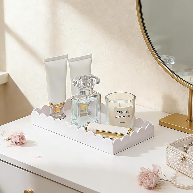 Acrylic Bathroom Vanity Tray 7.9", Soap Dispenser Decorative Scalloped Tray for Bathroom Kitchen Living Room Decor Vanity Perfume, White