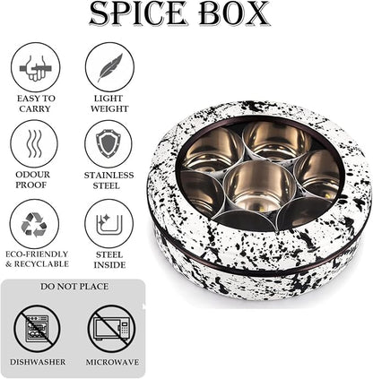 Elan Splatterful Collection Spice Box, Masala Box for Kitchen, Stainless Steel 7 Compartment Multipurpose Air-Tight See Through Round Spice Box/Popula Dabba with Spoon (Black & White, 1500 ml)