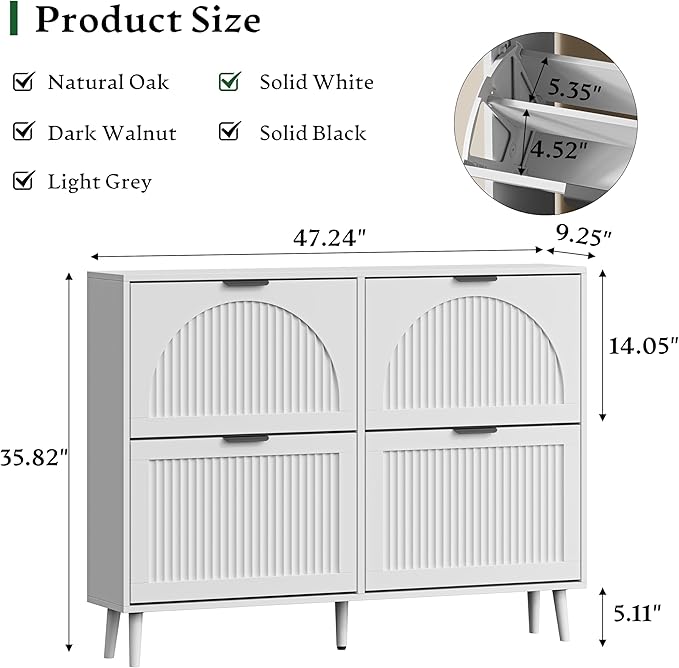 Xixini Shoe Storage Cabinet with 4 Flip Drawers, 36" Tall Narrow Wood Fluted Shoe Organizer for Entryway, Freestanding Wooden Hidden Slim Shoe Rack for Front Door Entrance, Hallway, Foyer, Solid White