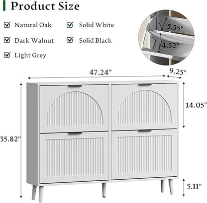 Xixini Shoe Storage Cabinet with 4 Flip Drawers, 36" Tall Narrow Wood Fluted Shoe Organizer for Entryway, Freestanding Wooden Hidden Slim Shoe Rack for Front Door Entrance, Hallway, Foyer, Solid White