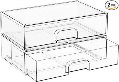 2 Pack Acrylic Drawer Organizer,12.2''W Clear Stackable Storage Drawers,Acrylic Boxes for Storage Makeup Palettes,Cosmetics,Pull Out Bathroom Storage Bins for Hair Products,Medicine Cabinet Organizer
