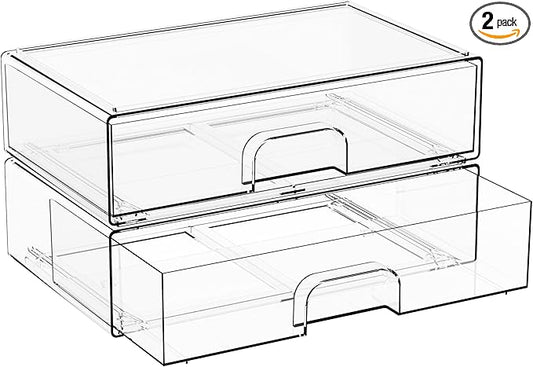 2 Pack Acrylic Drawer Organizer,12.2''W Clear Stackable Storage Drawers,Acrylic Boxes for Storage Makeup Palettes,Cosmetics,Pull Out Bathroom Storage Bins for Hair Products,Medicine Cabinet Organizer