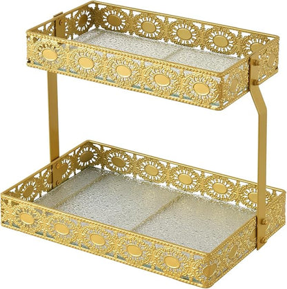 xiaojuande-Two Layer Glass Storage Tray with Portable Dressing Table Skin Care Product Organization Rack Corner Storage Rack for Bathroom Counter High-end Light Luxury Display Plate - Gold (Gold)