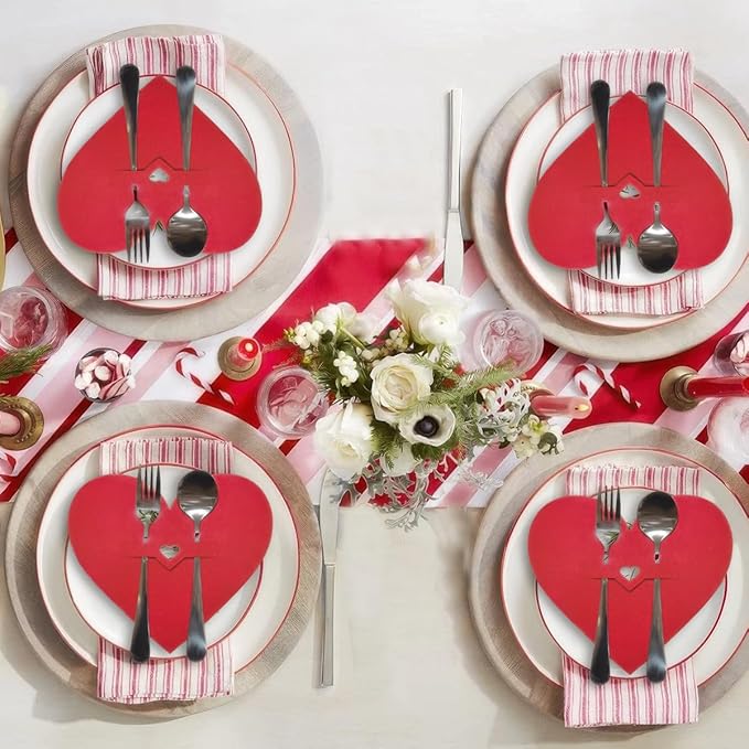 16 Pcs Valentine's Day Red Heart Flatware Holder Felt Cutlery Bag Valentine Tableware Cover Silverware Holder Pockets Dinner Knife Fork Covers for Birthday Mother's Day Party Table Setting Decor