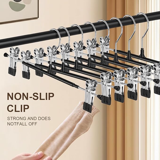 POZEAN Pants Hangers with Clips for Women 30 Pack, 12Inch Adjustable Heavy Duty Skirt Hangers, Space Saving Non-Slip Shorts Jeans Trousers Clothes Hangers, Black