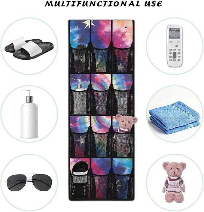 Tie-Dye Star Over Door Shoe Organizer, 12 Multi-Color Mesh Pockets Bohemian Style Hanging Storage for College Dorm & Teen Room Shoes & Accessories
