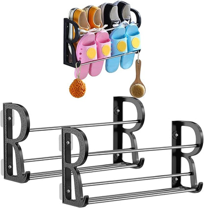 Hanging Shoe Rack, 2Pcs Wall Mounted Shoe Holder with 2 Hook Dual Layer, 16" PP & Stainless Steel Organizer with Sticky Mounts for Hallway, Bathroom