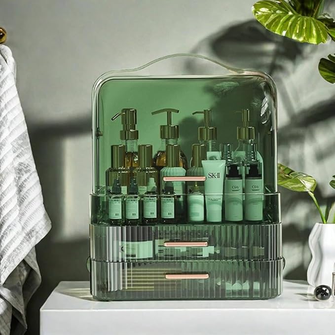 Green Drawers Portable Cosmetics Storage Box Transparent Lid Large Makeup Organizer Box Handle Waterproof Dustproof Skincare Display Cases for Countertop Bathroom Dresser