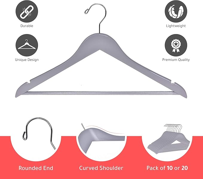 Quality Wooden Hangers - Slightly Curved, Heavy-Duty Coat Hangers with Stylish Chrome Hooks - 30-Pack Sets for Clothes, Jackets, Shirts, Pants, Suits (Gray)