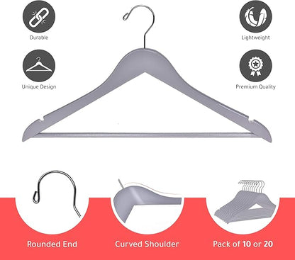 Quality Hangers - Wooden Coat Hangers - Slightly Curved Hanger Set of 20-Pack - Solid Wood with Stylish Chrome Hooks - Heavy-Duty Clothes, Jacket, Shirt, Pants, Suit Hangers (Gray, 20)