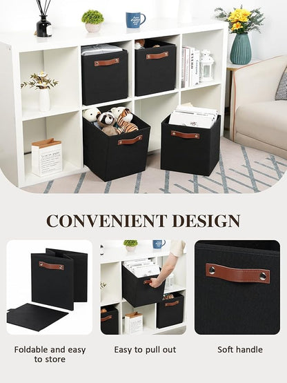 Temary 11x11 Storage Cubes Fabric Cube Storage Bins with Handles Clothes Storage Boxes Baskets for Organizing Home, Shelf, Closet (Black, 11 x 11 x 11)