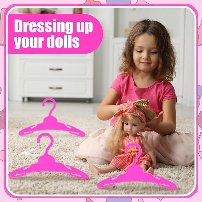 Soulchen 50 Pcs Doll Clothes Hangers for 18 Inch Dolls, Rose Red Plastic Clothes Hangers with Non-Slip Clips, Space-Saving Wardrobe Accessories for Gown Dress Outfit