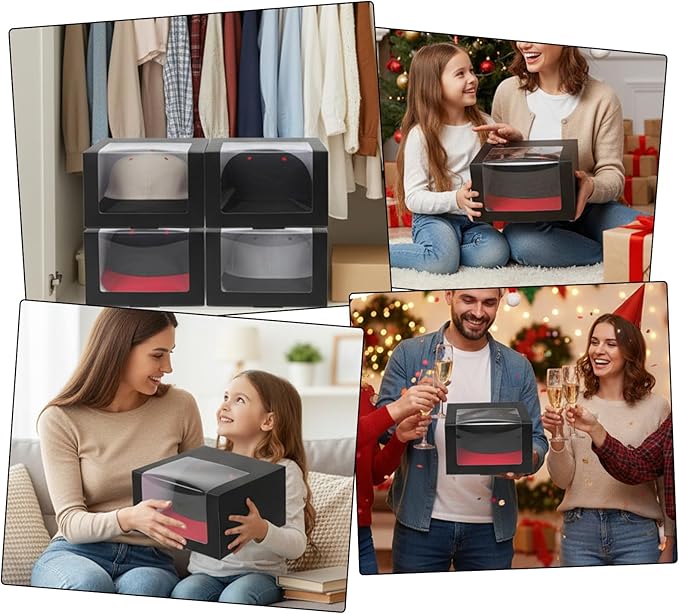 20 Pcs Black Hat Boxes with Window Hat Display Storage Organizer for Baseball Caps, Dad Hat, Billed Cap, Snapbacks, Foldable Gift Packaging Box 7.8 x 7.8 x 4.8 Inch