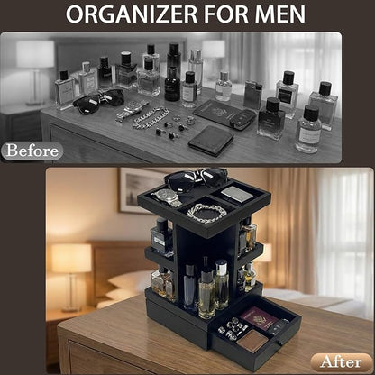 4-Tier Rotating Cologne Organizer with Drawer for Men, Large Capacity Perfume Organizer, Mens Gifts & Desktop Accessories Stand - Spacious for Bottles & Men's Essentials Storage, Modern Black