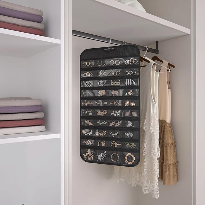 1 Pack Hanging Jewelry Organizer 80-Pocket Dual-sided Jewelry Storage for Earring Necklace Bracelet Ring Travel Holder, Black and Beige