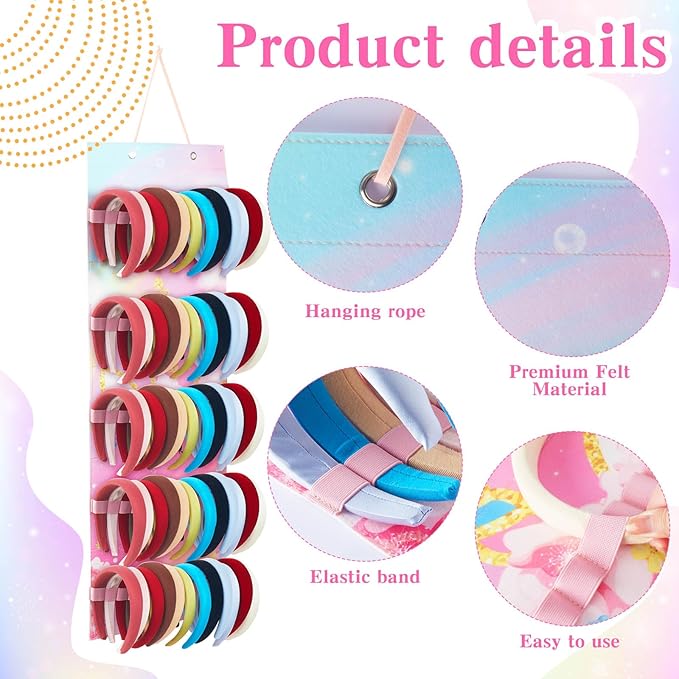 Tudomro Hanging Headband Holder for Girls Felt Hair Accessories Organizer with 60 Elastic Bands Bow Hanger for Girls Hair Bows Without Headbands(Pink,Unicorn)